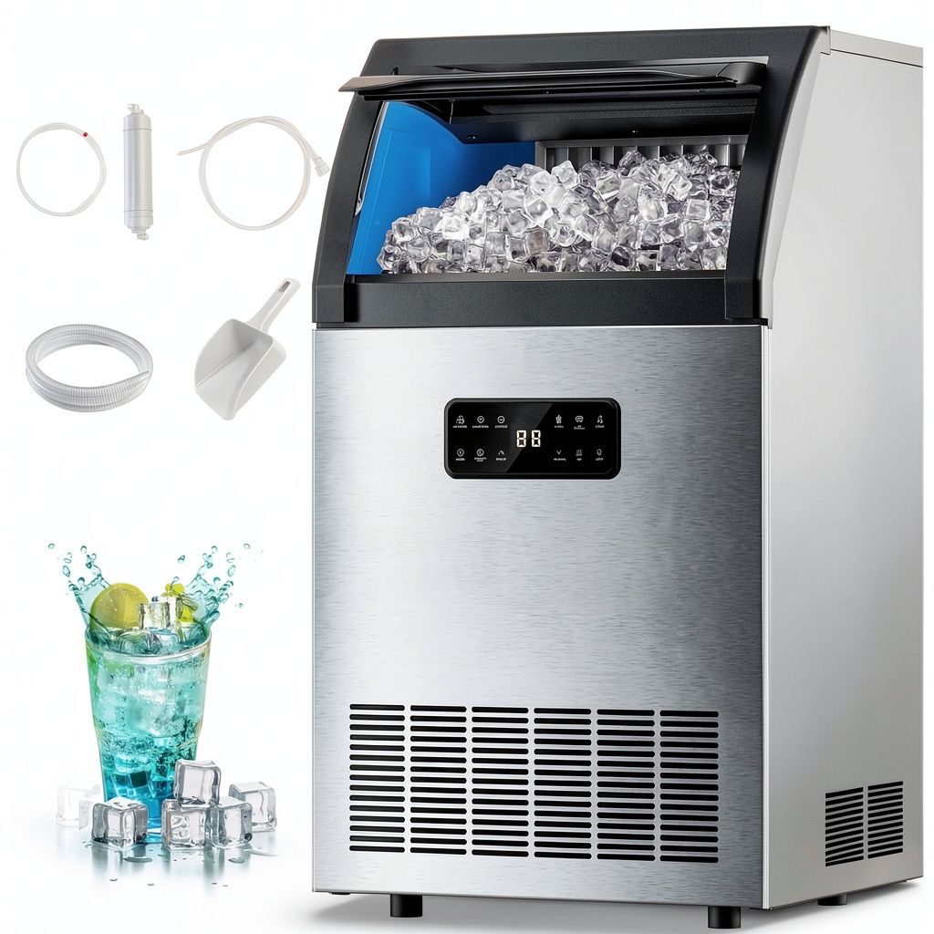 EUHOMY commercial ice machine in a stainless steel finish with LCD display