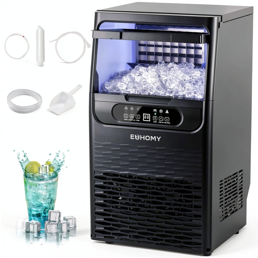 EUHOMY ice machine on a countertop with ice cubes visible